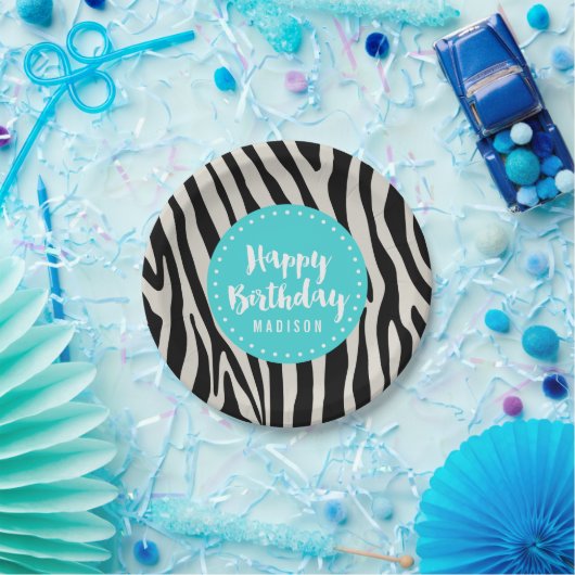 Turquoise en Zwarte Zebra Stripe Verjaardagsfeest Papieren Bordje (Feest)
