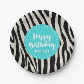 Turquoise en Zwarte Zebra Stripe Verjaardagsfeest Papieren Bordje (Voorkant)