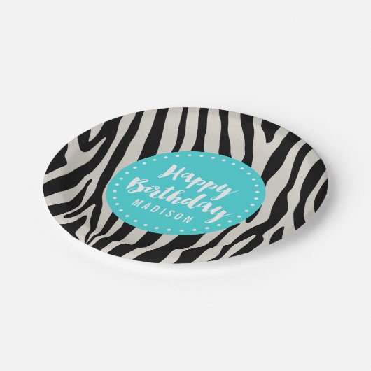 Turquoise en Zwarte Zebra Stripe Verjaardagsfeest Papieren Bordje (Gekanteld)