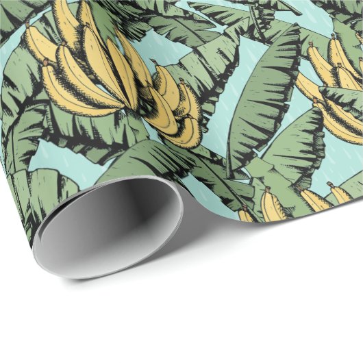 Turquoise Exotische Gele Bananen En Bladeren Cadeaupapier (Rol Hoek)