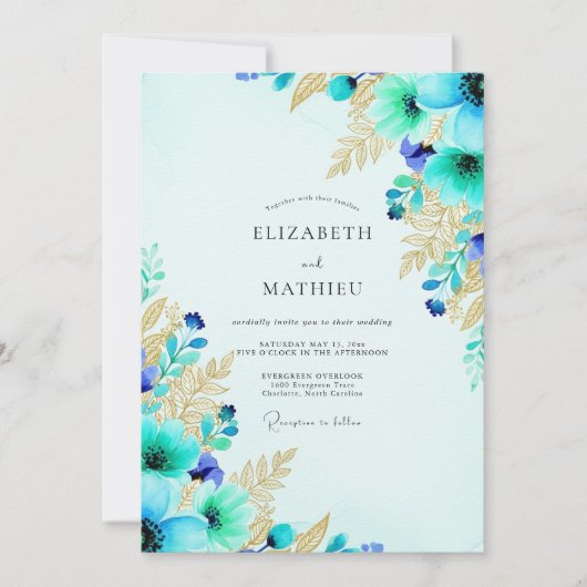 Turquoise Exuberant Botanical Wedding Kaart (Voorkant)