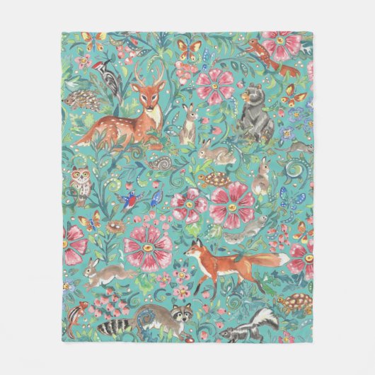 Turquoise Fantasy Forest Animals Waterverf Floral Fleece Deken (Voorkant)