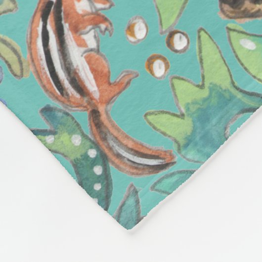 Turquoise Fantasy Forest Animals Waterverf Floral Fleece Deken (Hoek)