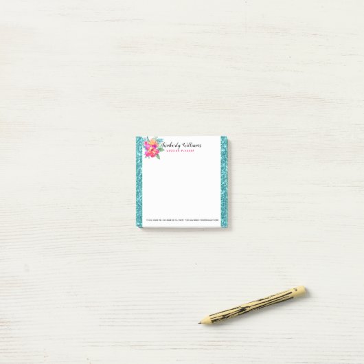 Turquoise faux glitter & bloemboeket post-it® notes (Op bureau)
