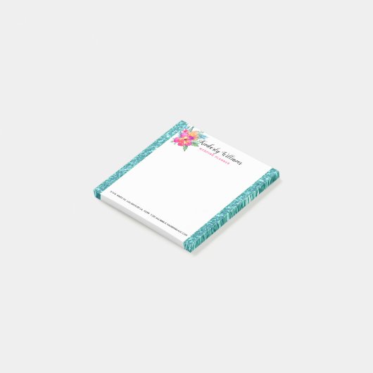 Turquoise faux glitter & bloemboeket post-it® notes (Schuin)