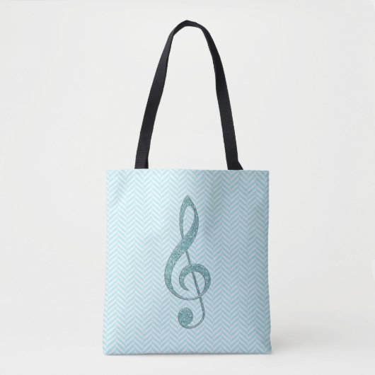 Turquoise Faux Glitter Treble Clef op Chevron Tote Bag (Voorkant)