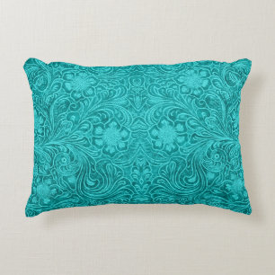 Turquoise Faux Lederen Patroon-reliëf Floral Accent Kussen