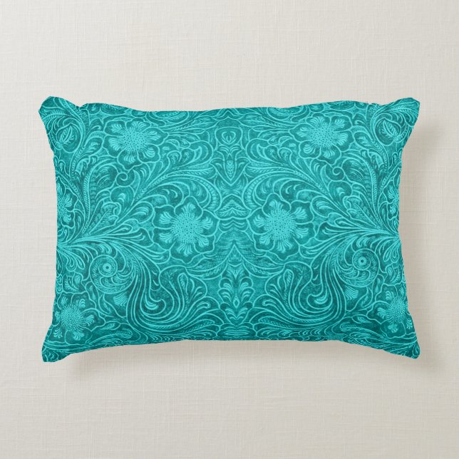 Turquoise Faux Lederen Patroon-reliëf Floral Accent Kussen (Voorkant)