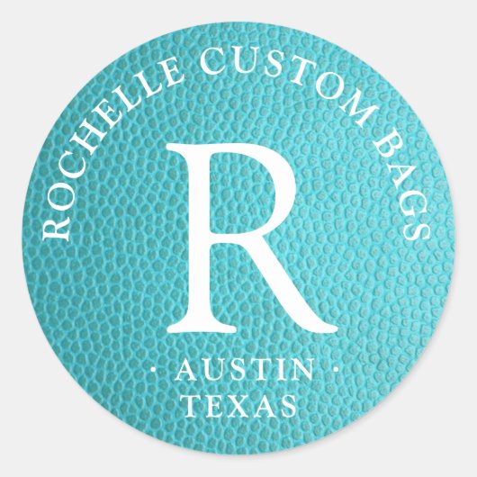 Turquoise faux leer omcirkeld monogram ronde sticker (Voorkant)
