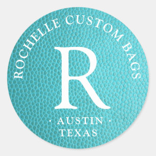 Turquoise faux leer omcirkeld monogram ronde sticker
