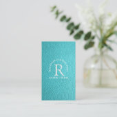 Turquoise faux leer omcirkeld monogram visitekaartje (Staand voorkant)