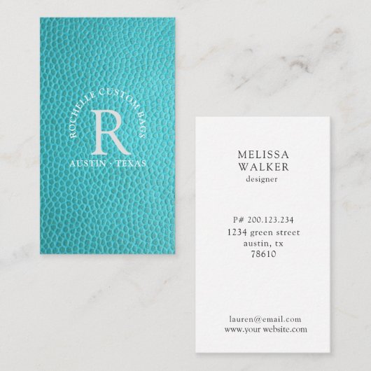 Turquoise faux leer omcirkeld monogram visitekaartje (Voorkant / Achterkant)