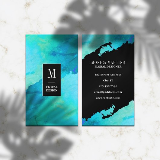 Turquoise faux stone textuur en zwart visitekaartje