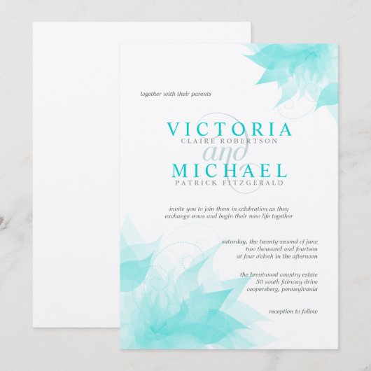 Turquoise Felt Floral Victoriaans Weddenschap Kaart (Voorkant / Achterkant)