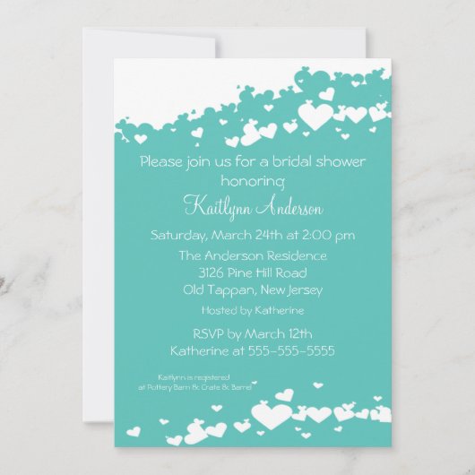 Turquoise Field of Hearts Bridal Shower Invitation Kaart (Voorkant)