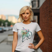  turquoise fiets met bloemenmand t-shirt
