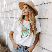  turquoise fiets met bloemenmand t-shirt