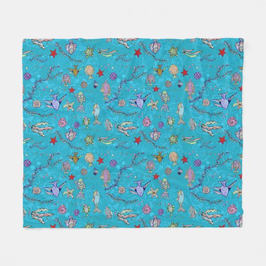Turquoise Fish Pattern Fleece Deken (Voorkant (Horizontaal))