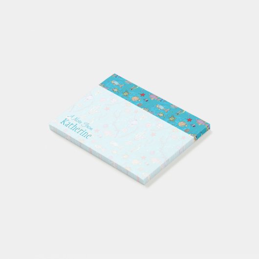 Turquoise Fish Pattern | Jouw namen toevoegen Post-it® Notes (Schuin)