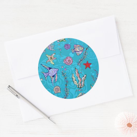 Turquoise Fish Pattern Ronde Sticker (Envelop)