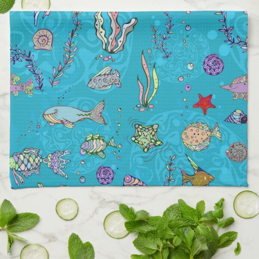 Turquoise Fish Pattern Theedoek (Gevouwen)