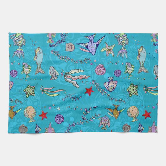 Turquoise Fish Pattern Theedoek (Horizontaal)