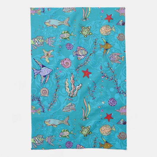 Turquoise Fish Pattern Theedoek (Verticaal)