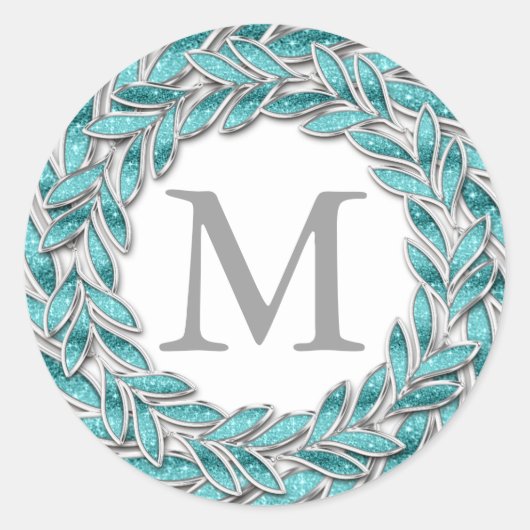 Turquoise Flora Wreath Design Monogram Initiaal Ronde Sticker (Voorkant)