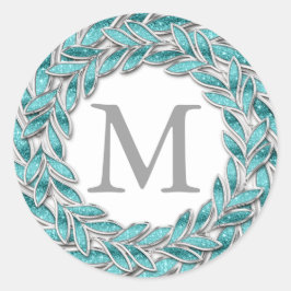 Turquoise Flora Wreath Design Monogram Initiaal Ronde Sticker