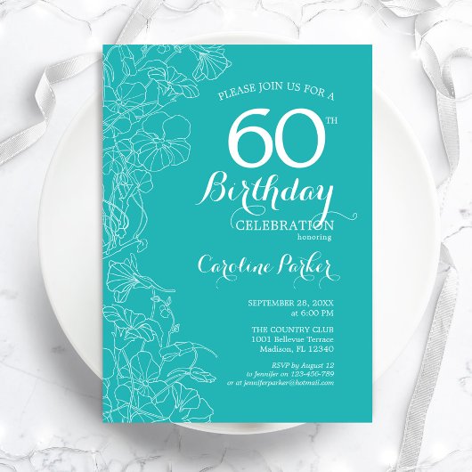 Turquoise Floral 60th Birthday Party Kaart