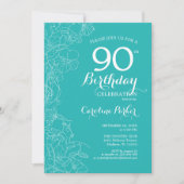 Turquoise Floral 90th Birthday Party Kaart (Voorkant)