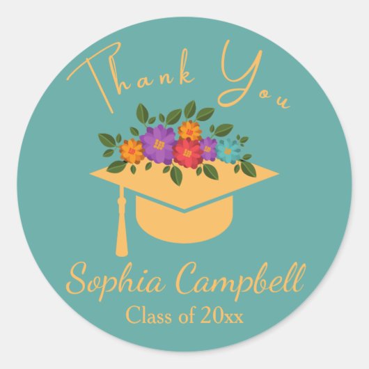 Turquoise Floral Afstuderen Classic Round Sticker (Voorkant)