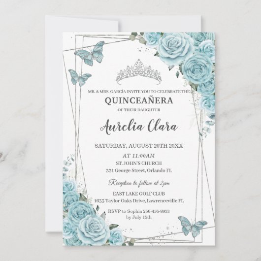 Turquoise Floral Butterflies Silver Quinceañera Kaart (Voorkant)