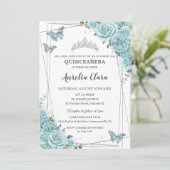 Turquoise Floral Butterflies Silver Quinceañera Kaart (Staand voorkant)