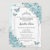 Turquoise Floral Butterflies Silver Quinceañera Kaart (Voorkant / Achterkant)