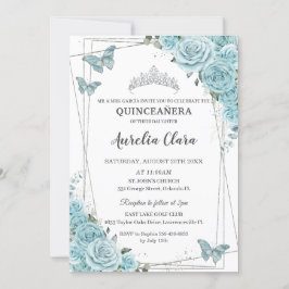 Turquoise Floral Butterflies Silver Quinceañera Kaart