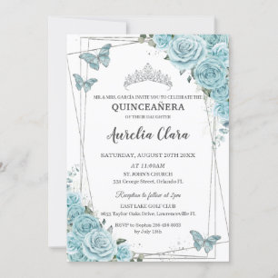 Turquoise Floral Butterflies Silver Quinceañera Kaart
