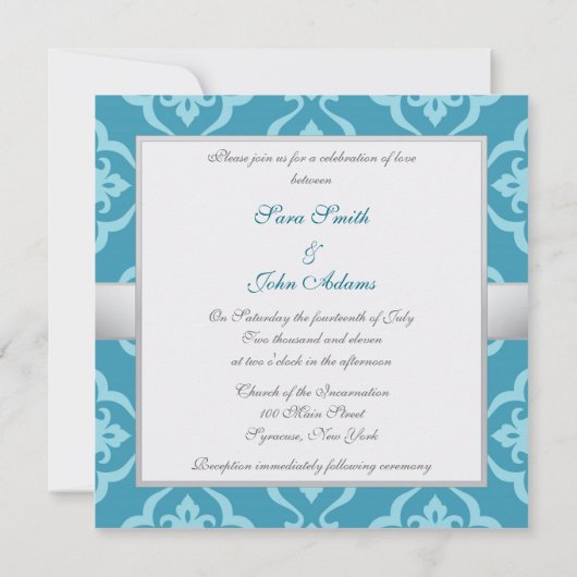 Turquoise Floral Damask Wedding Kaart (Achterkant)
