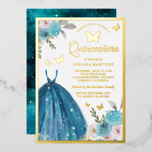 Turquoise Floral Dress Butterfly Quinceanera Gold Folie Uitnodiging