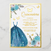Turquoise Floral Dress Butterfly Quinceanera Gold Folie Uitnodiging (Voorkant)
