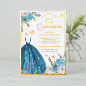 Turquoise Floral Dress Butterfly Quinceanera Gold Folie Uitnodiging (Staand Voorkant)