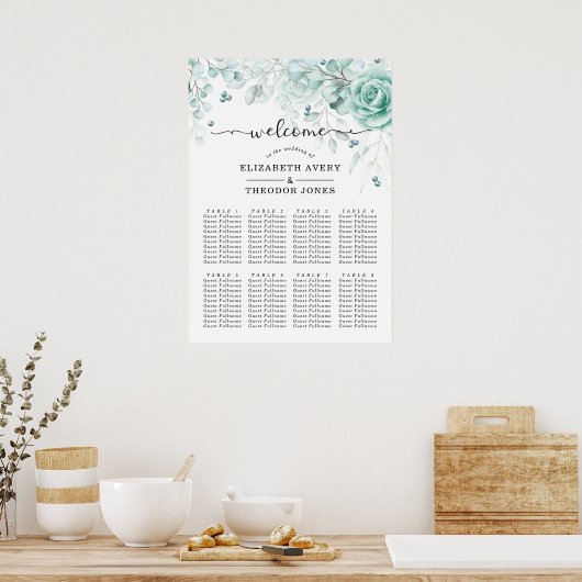 Turquoise Floral Elegant Wedding Poster (Keuken)