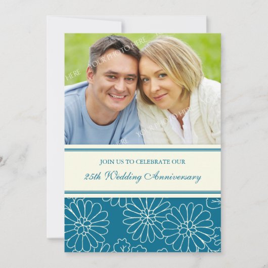 Turquoise Floral Foto 25th Jubileum Invitation Kaart (Voorkant)