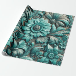 Turquoise Floral Gereedschapspatroon Turquoise Bla Cadeaupapier