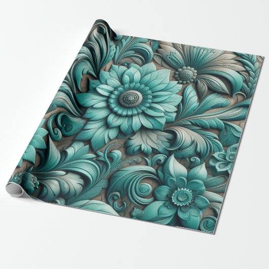 Turquoise Floral Gereedschapspatroon Turquoise Bla Cadeaupapier (Uitgerold)
