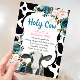 Turquoise Floral Holy Koe Ik ben een eerste verjaa Kaart