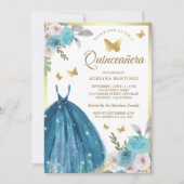 Turquoise Floral Jurk Butterfly Gold Quinceanera Kaart (Voorkant)