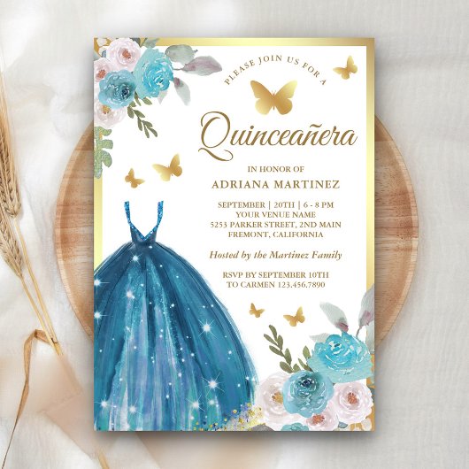 Turquoise Floral Jurk Butterfly Gold Quinceanera Kaart