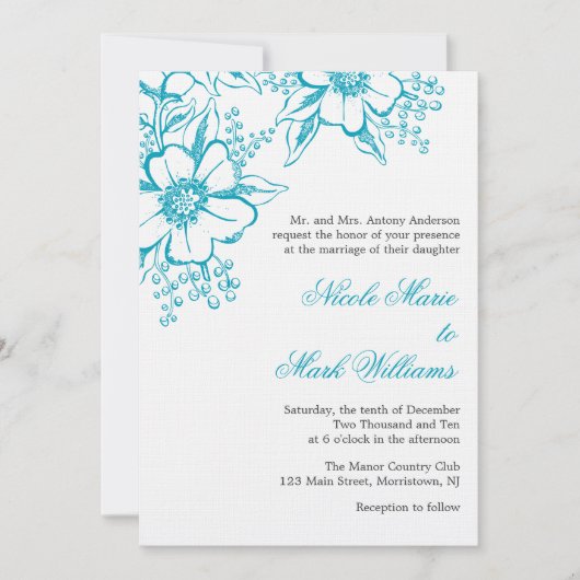 Turquoise Floral Letterpress Style Wedding Kaart (Voorkant)