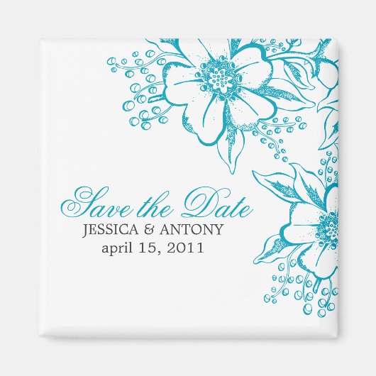 Turquoise Floral Letterpress Style Wedding Magneet (Voorkant)